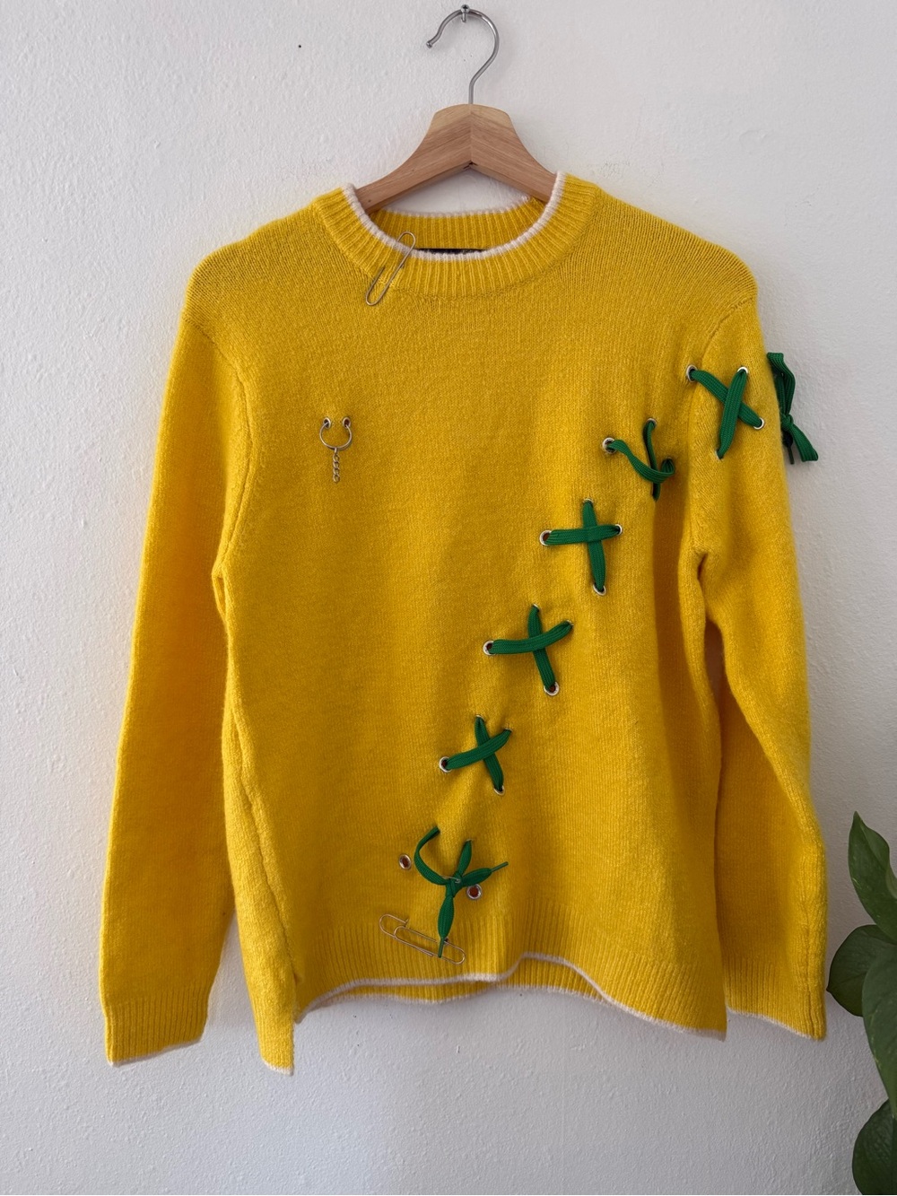 Zara Yellow Crewneck Sweater with Green Lace-Up Details